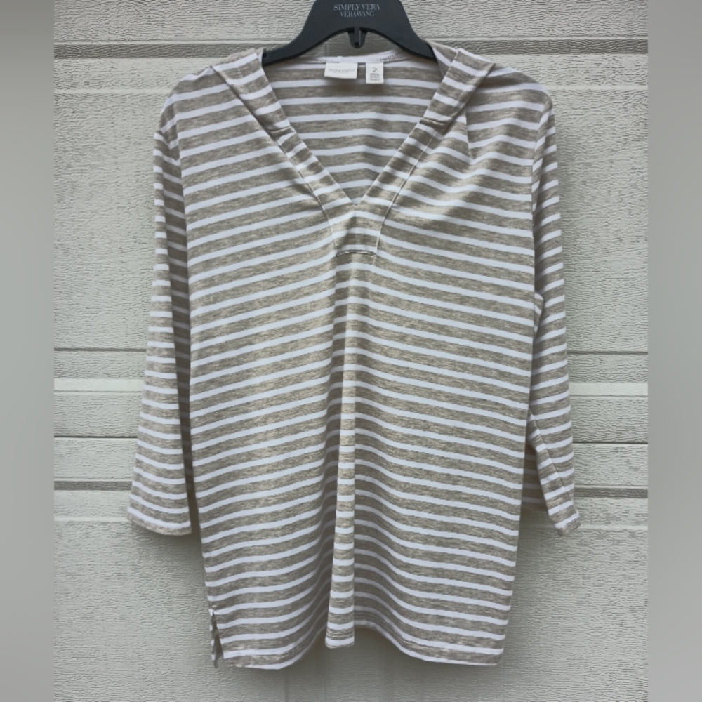 Weekends by Chicos Hooded Shirt Tan White Striped Coastal Tunic Top Sz 2 Large